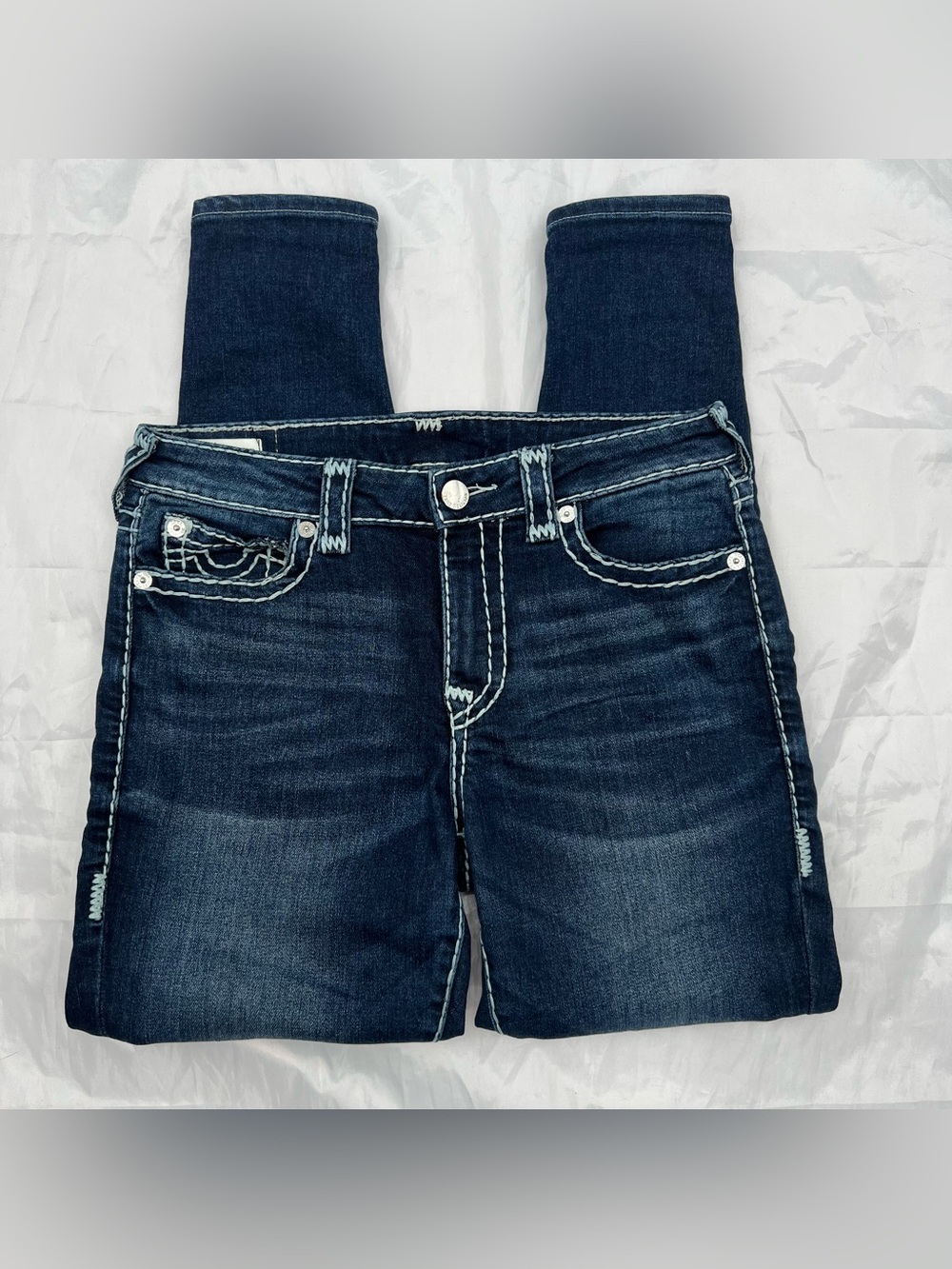 J091 True Religion Waist 30 Dark Blue Skinny Jeans with Contrast Stitching